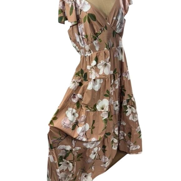 "EXPRESS" Women's Tan Magnolia Floral Maxi Prairie Dress Ruched SZ XL Cowgirl - Picture 2 of 12